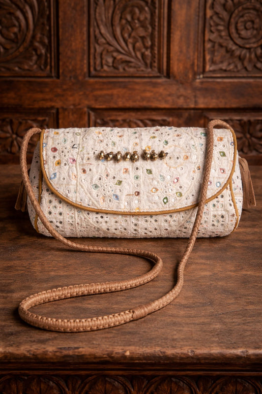 Cream Handcrafted Embroidered Silk Clutch Bag