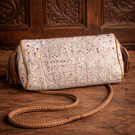 Cream Handcrafted Embroidered Silk Clutch Bag